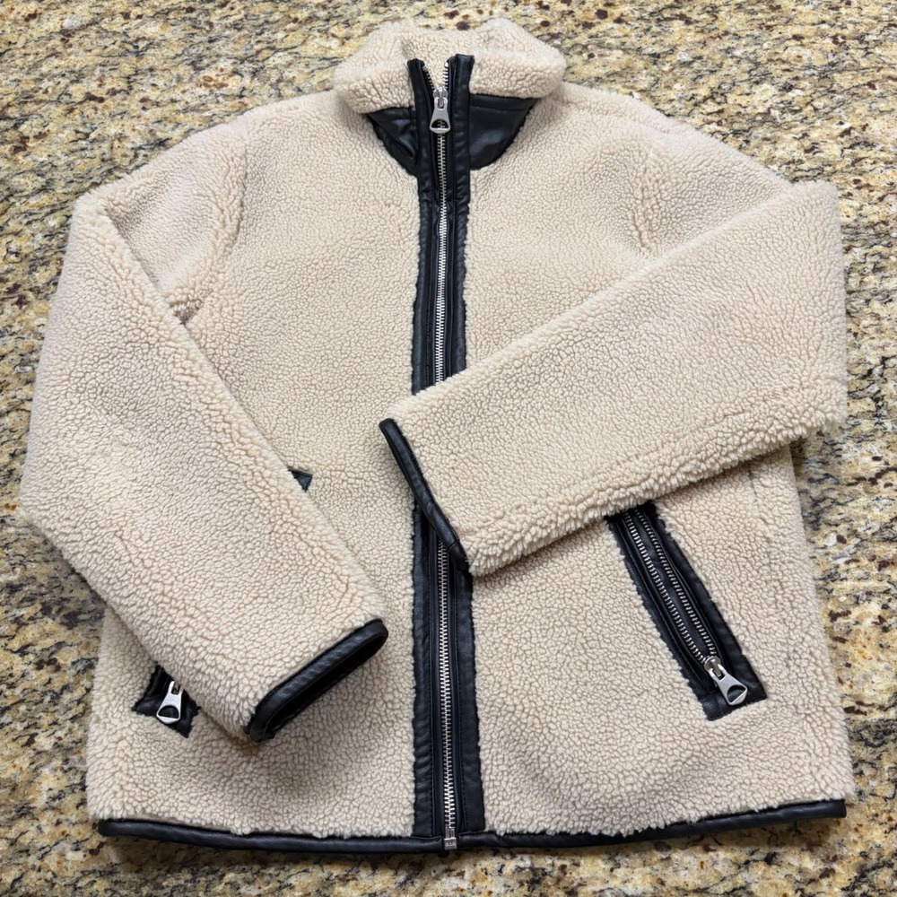 HM Women Beige Pile Fleece Teddy Jacket Faux Leather Trim Zip Up Coat Medium ws